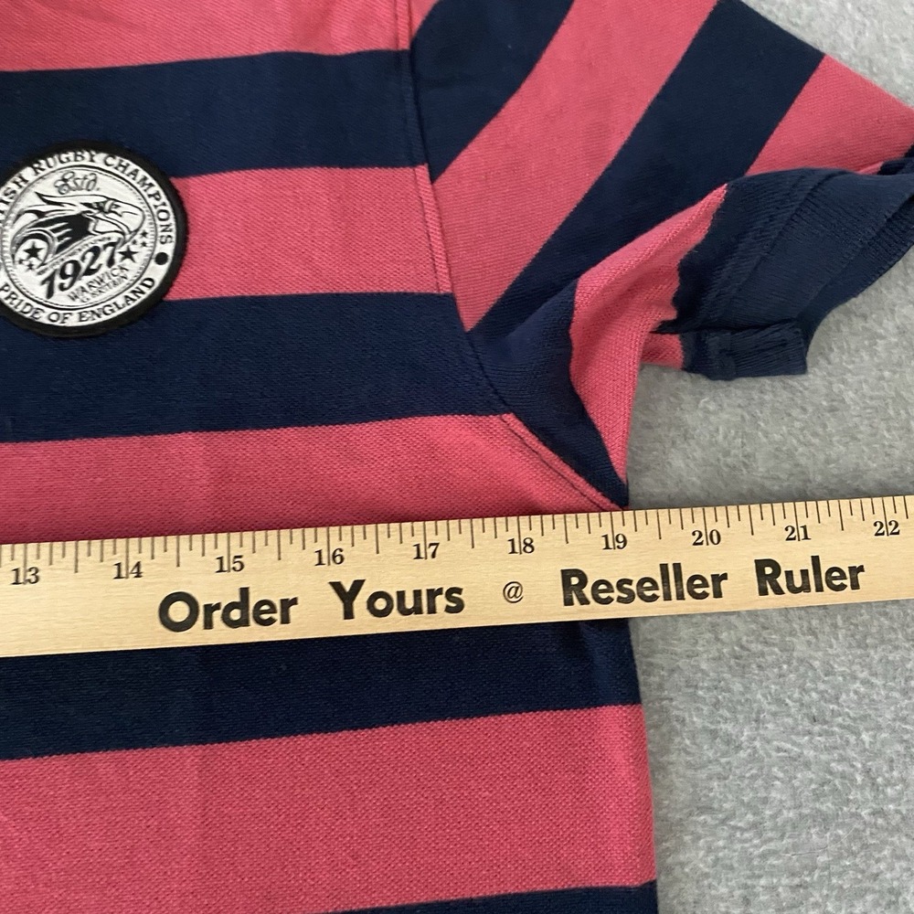 Y2K British Rugby Polo Mens Medium Pink Blue Striped Warwick Britain England Max - Picture 6 of 12